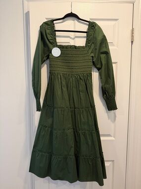 Hill House Forest Green Long Sleeve Smocked Midi Dress